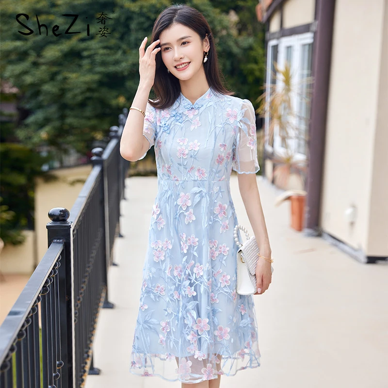 奢姿2024年夏季新款大码胖妹妹时尚减龄绣花旗袍连衣裙9922881513