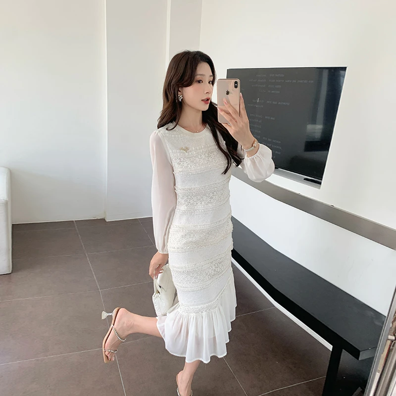奢姿2024年秋季新款大码女装蕾丝拼接裙子胖妹妹温柔鱼尾摆连衣裙