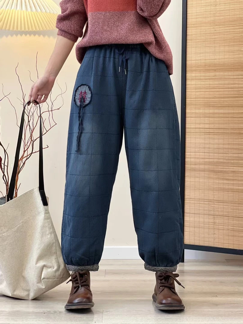 中国风棉裤女冬牛仔新款复古加厚夹棉休闲裤外穿收口显瘦保暖长裤