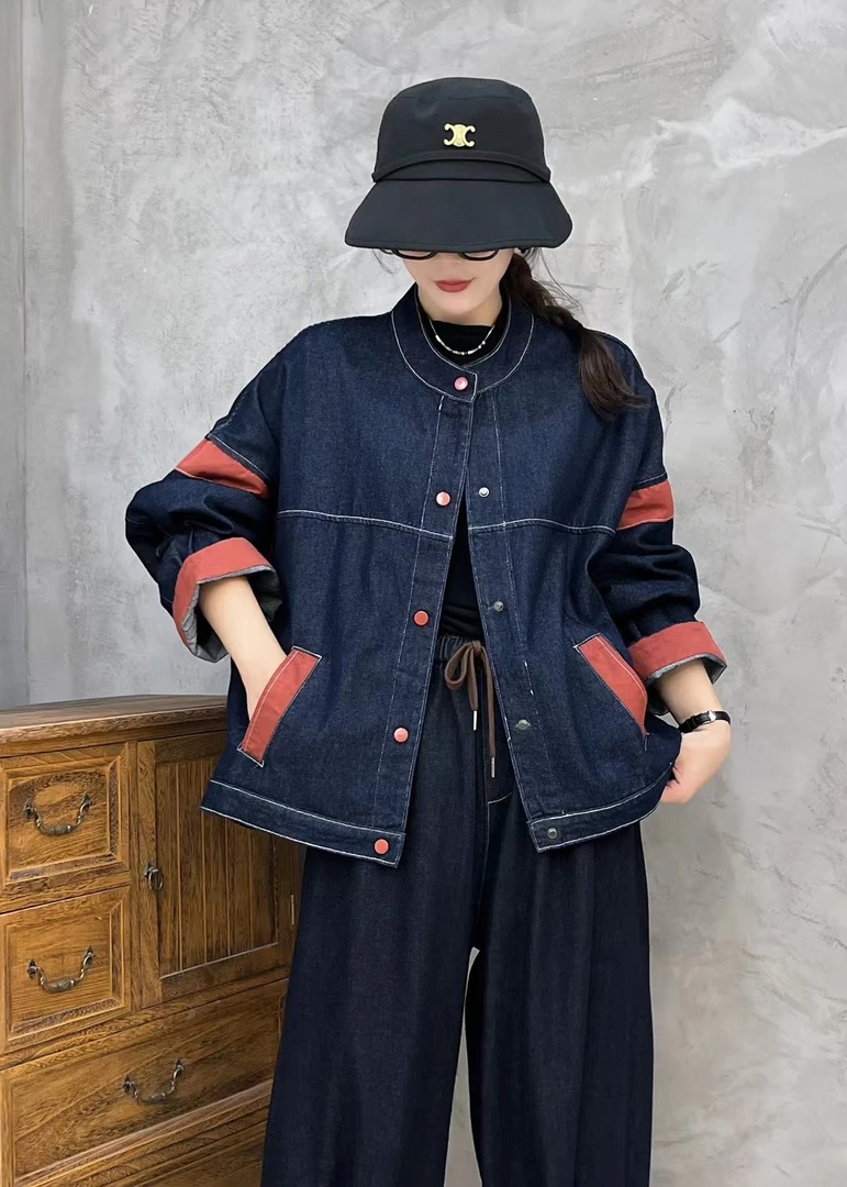 设计款拼色牛仔外套女水洗春秋季小众口袋百搭休闲复古民族风上衣