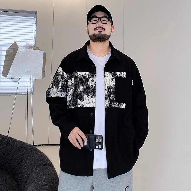 衬衫新款大码美式复古拼接撞色百搭印花衬衣外套牛仔宽松胖子夹克