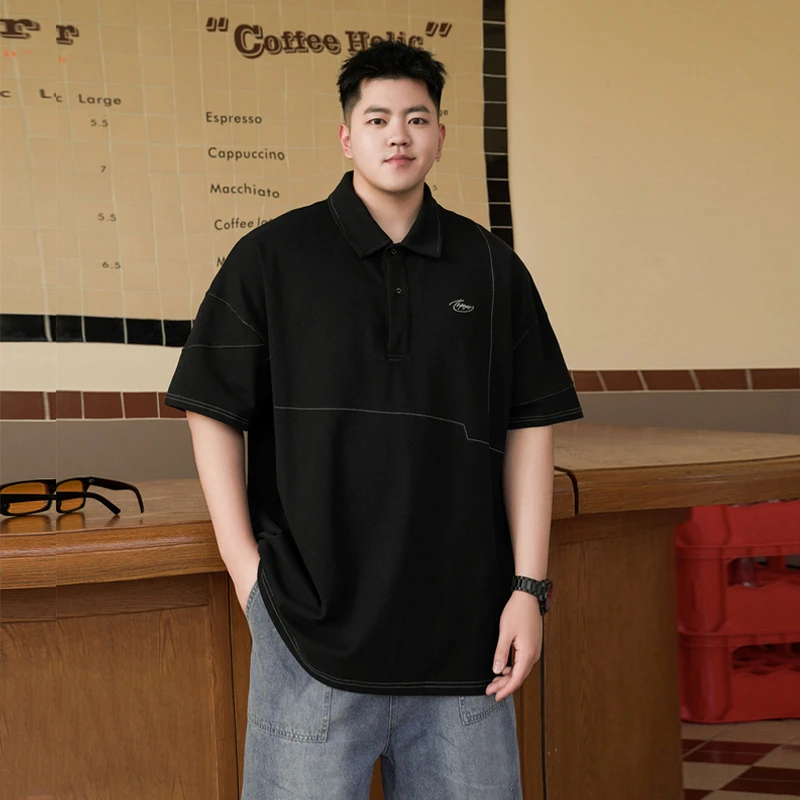 特大码300斤短袖宽松衫男潮流新款美式港风纽扣t恤潮牌百搭打底衫