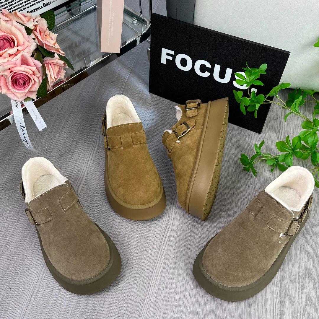 2025新款低帮厚底博肯鞋一脚蹬棉鞋松糕底加绒复古休闲潮鞋保暖鞋