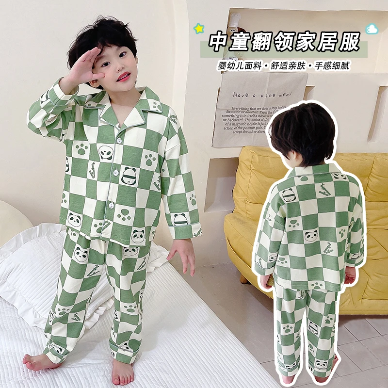 儿童双面纯棉翻领套装秋冬季宝宝保暖舒适柔软家居服睡衣可外洋气