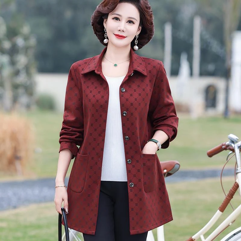 新款中年妈妈春秋天薄外套长款洋气夹克女装气质优雅女士时尚潮流