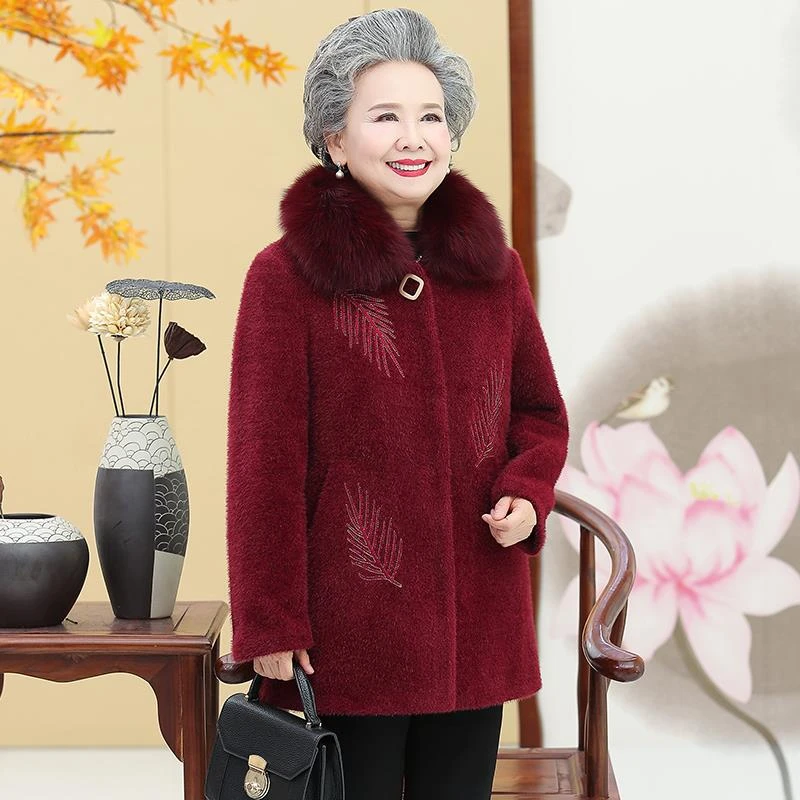 俞兆林中老年人女奶奶冬装水豹绒外套加绒加厚毛呢大衣60岁70老太