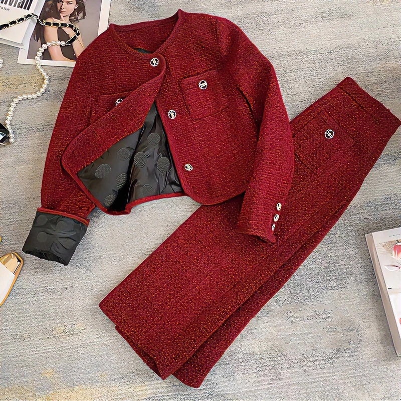 法式时尚红色小香风套装女秋冬新款网红气质百搭显瘦两件套