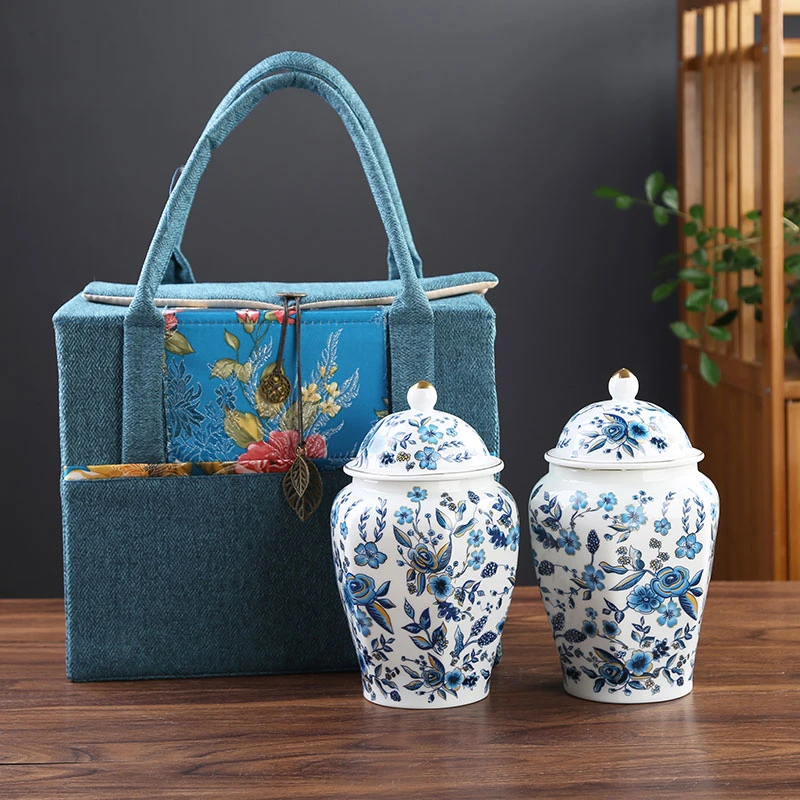 青花瓷茶叶罐将军罐带盖储物罐陶瓷密封便携存茶罐储茶玻璃大容量