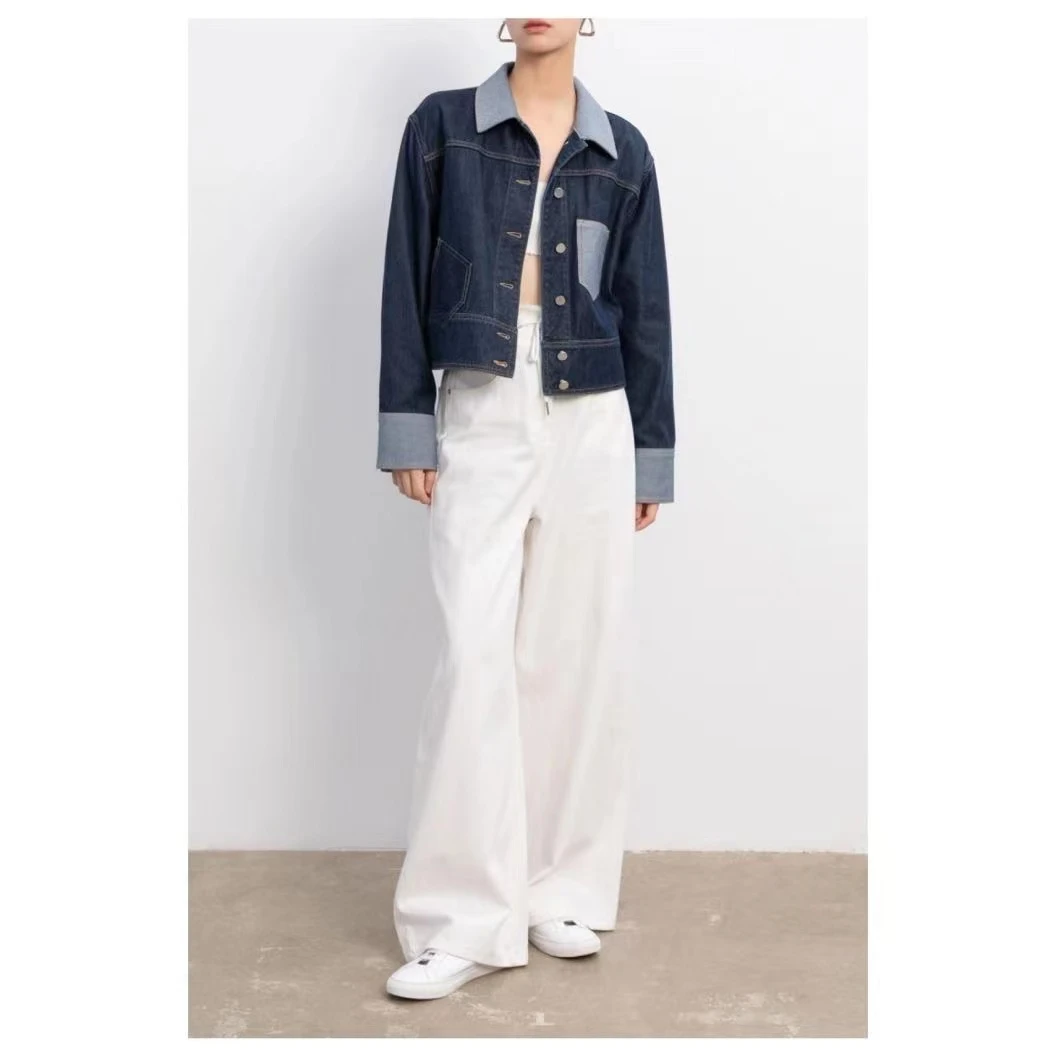 2024秋冬新款拼色牛仔外套女复古休闲宽松落肩翻领短款上衣1677