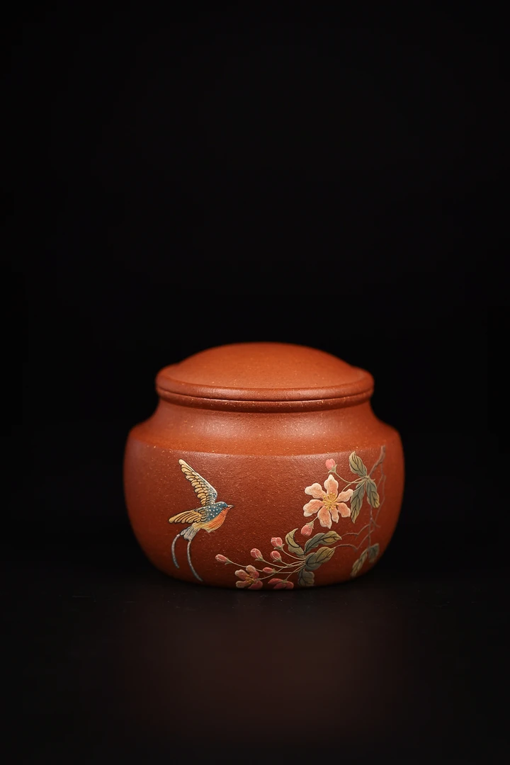 【天宝甄选】《花鸟茶叶罐》原矿红降坡手工高端泥绘手工紫砂茶叶罐