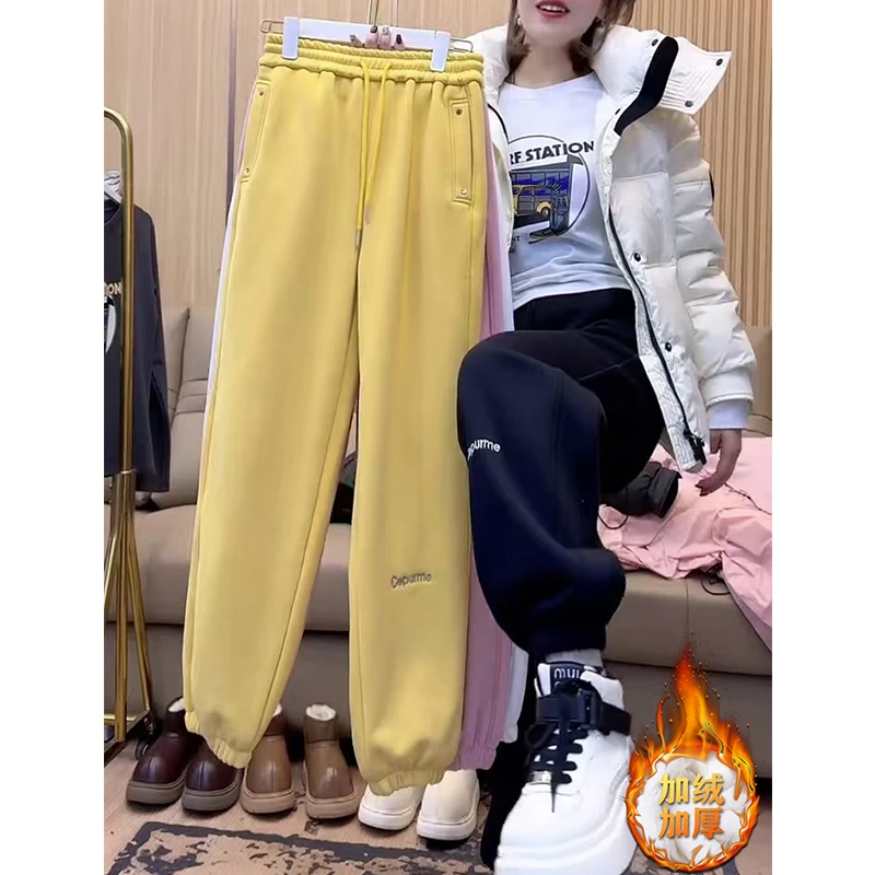 加绒束脚休闲卫裤女秋冬欧货爆款刺绣运动裤大码宽松显瘦哈伦裤子