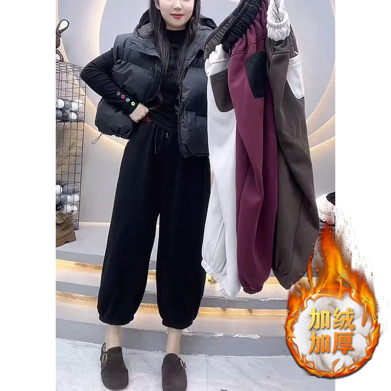 拼接腰头卫裤女秋冬爆款加绒束脚休闲裤大码宽松显瘦九分哈伦裤子