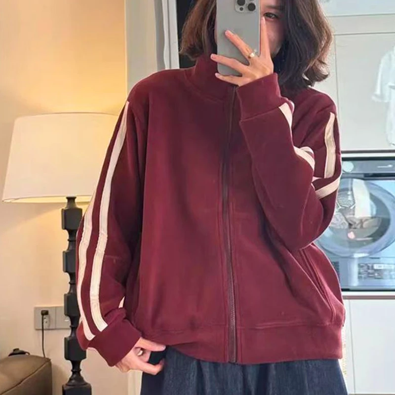 条纹运动外套女2024秋冬爆款立领拉链奥粒绒开衫卫衣保暖百搭上衣