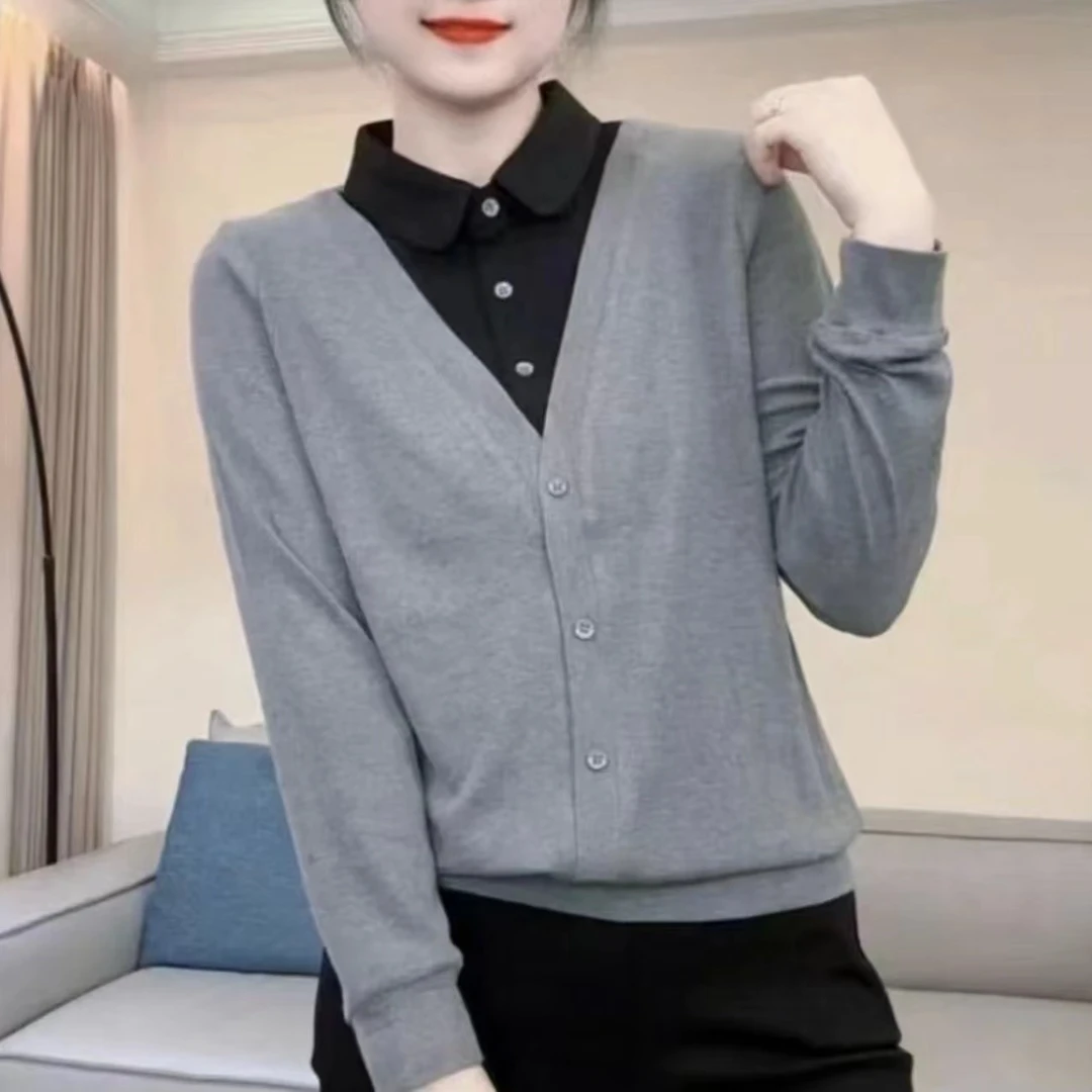 秋季新款女士上衣拼接假两件衬衫领百搭宽松显瘦拼色洋气休闲小衫