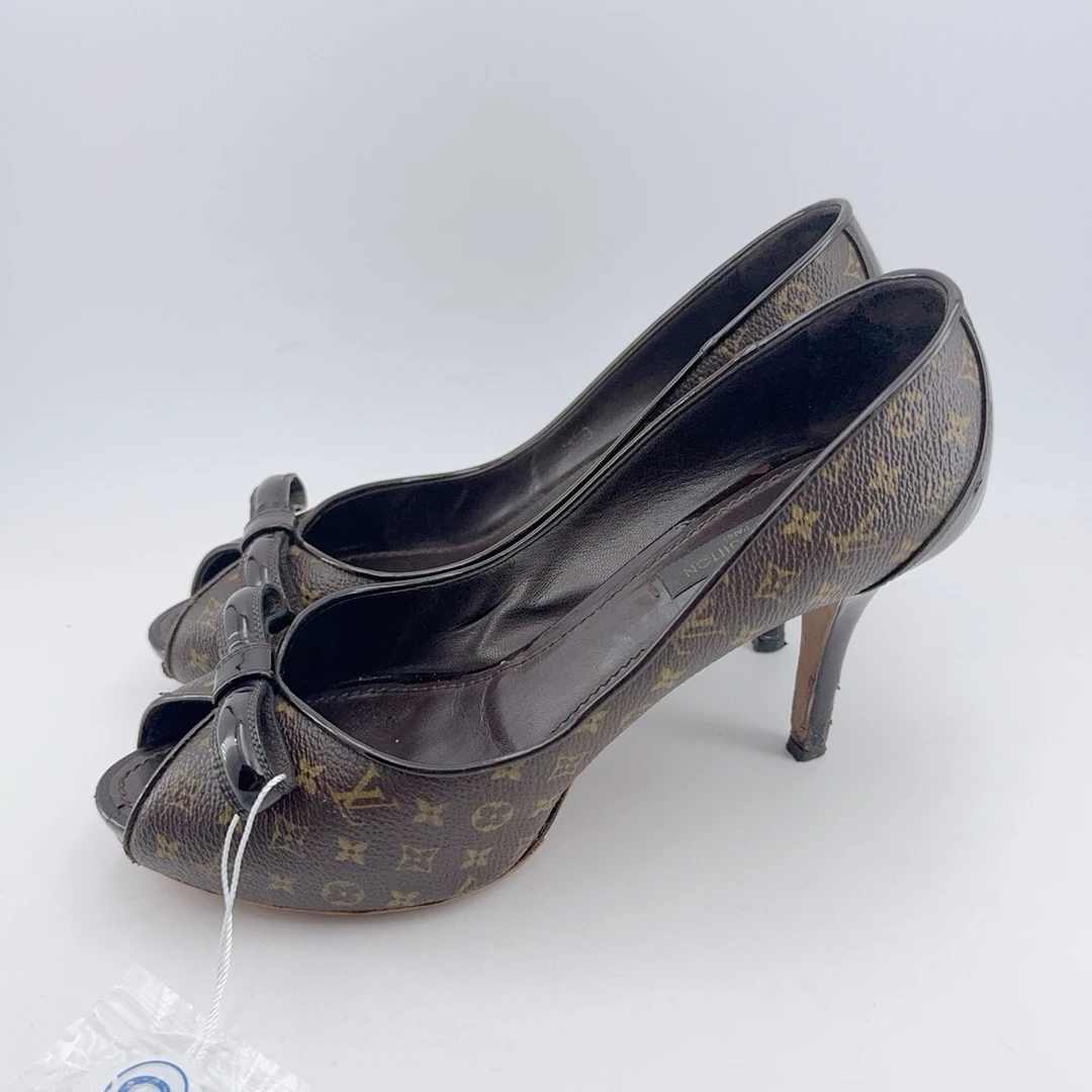 95新 LouisVuitton/路易威登 36码/棕老花满印蝴蝶结鱼嘴高跟鞋