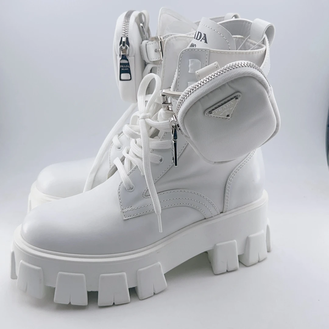 36码-37码/98新-99新/普拉达/Prada/纯白皮面战术短靴/mj02156