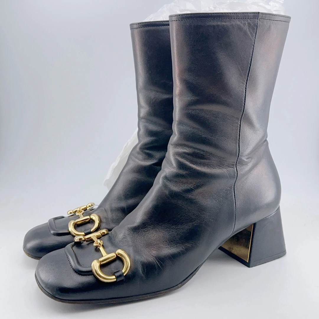 39码/98新/古驰/Gucci/黑金马衔扣中筒靴/mj02064