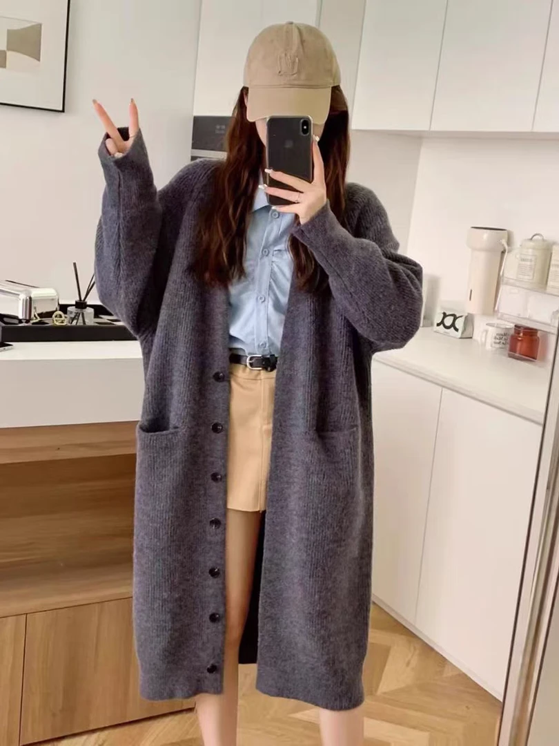 美拉德穿搭秋冬高级感长款连帽带扣针织开衫宽松慵懒女厚外套大衣
