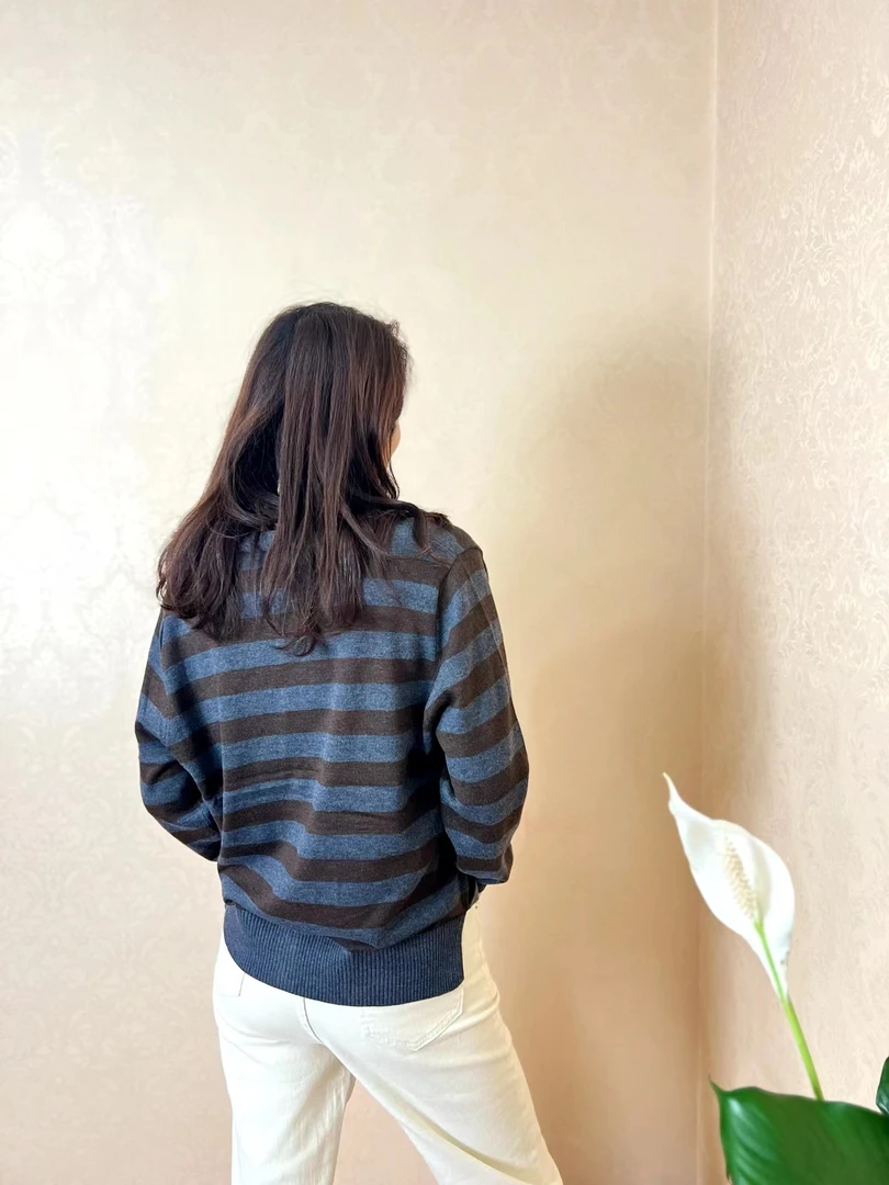 长袖毛衣针织衫上衣女立领春季新款条纹开衫外套