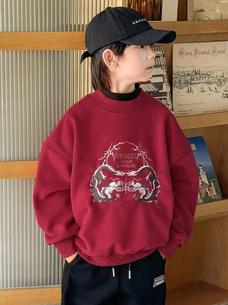 冬款加绒红色国潮风双龙印花卫衣