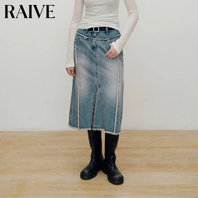 【RAIVE】2025春夏新款女裙子A字中长牛仔裙通勤复古韩系前开