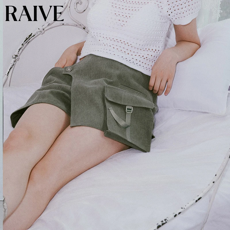 【RAIVE】2025夏季新款复古橄榄绿色短裤裙子口袋工装防走光