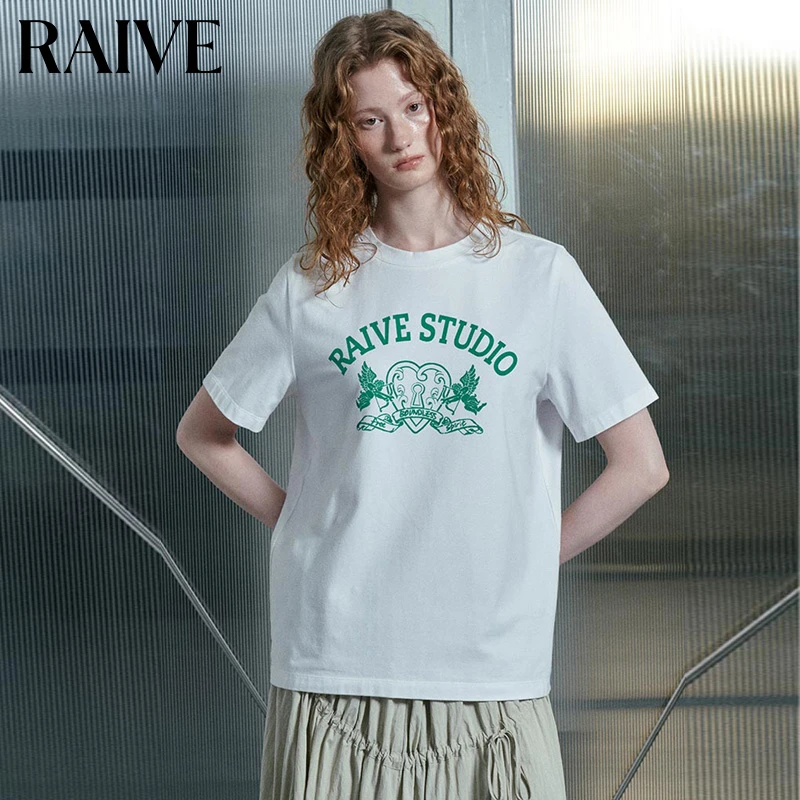 【RAIVE】2025夏季新款女上衣短袖白色粉色爱心logo印花正肩