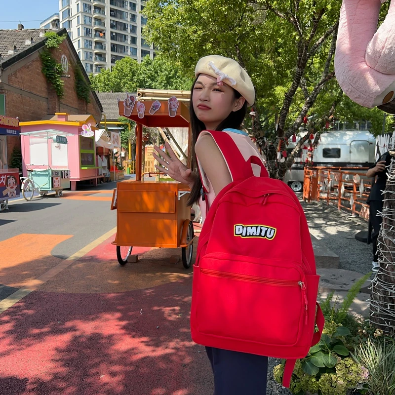 潮流书包女高颜值日系简约大容量红色高中生大学生双肩包旅行背包