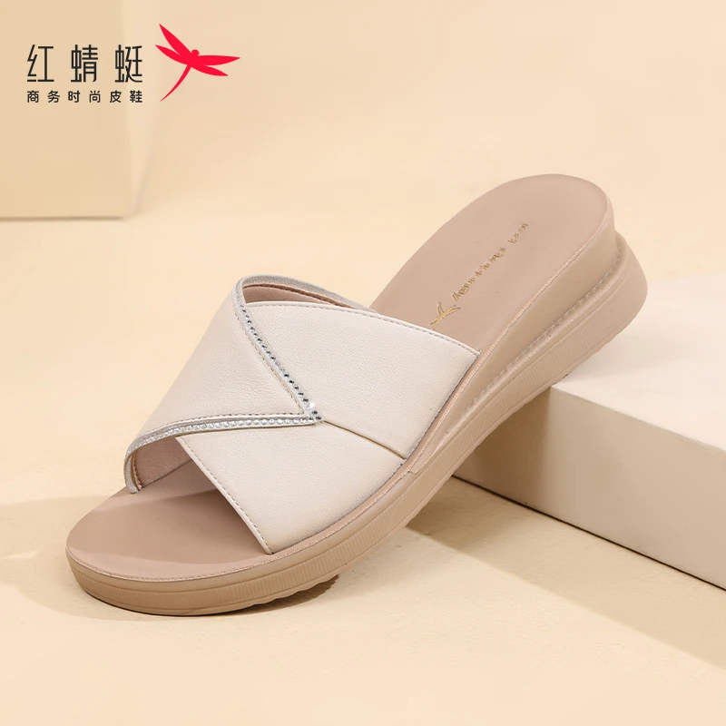红蜻蜓拖鞋女夏季新款真皮牛皮妈妈凉拖鞋防滑外穿休闲厚底一字拖