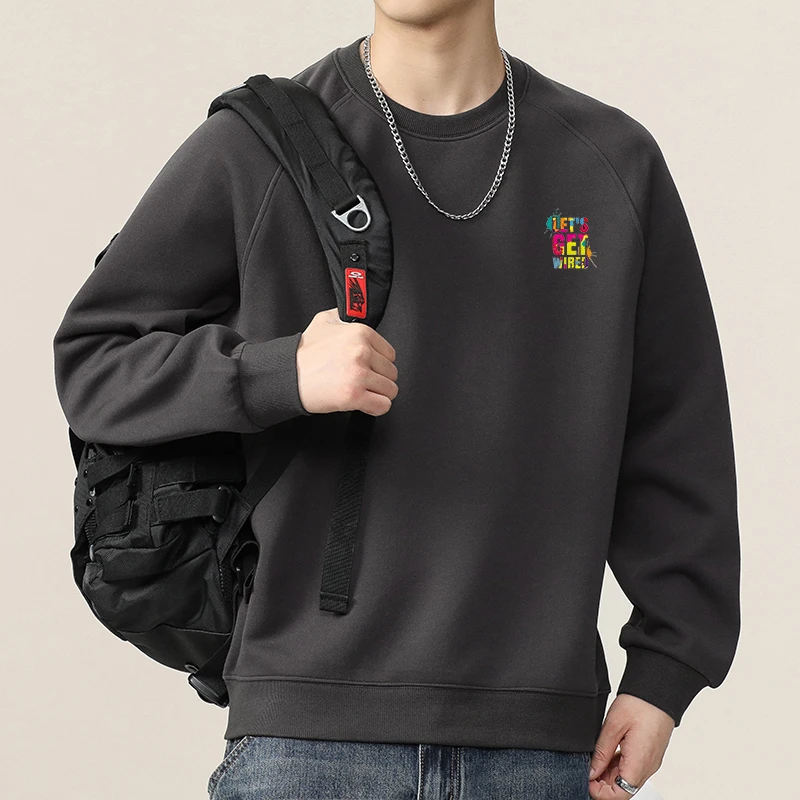 潮牌圆领卫衣男士春秋季2024新款美式简约黑色长袖休闲百搭上衣服