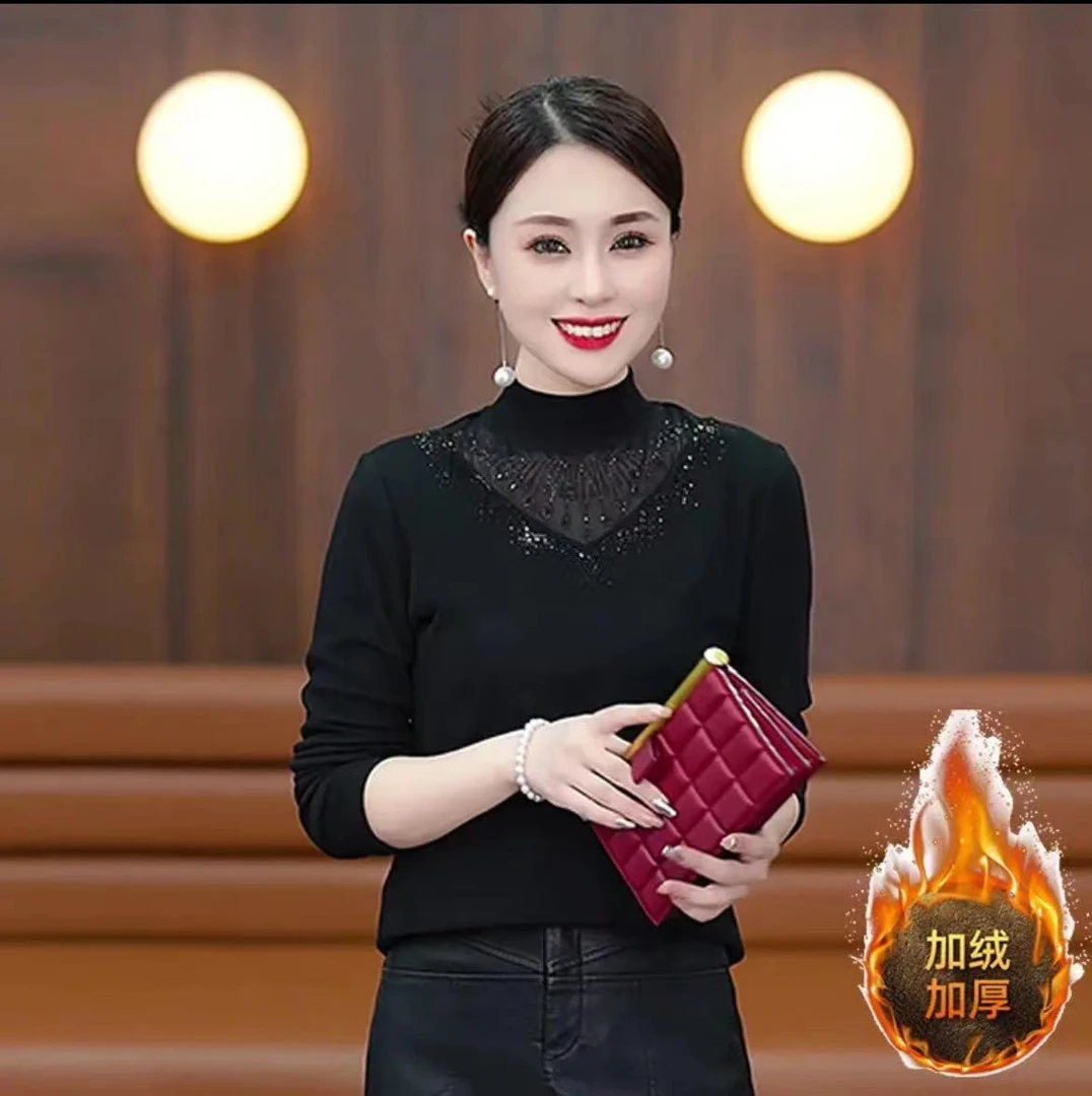 2024冬季新款加绒保暖烫钻打底小衫妈妈装时尚减龄百搭