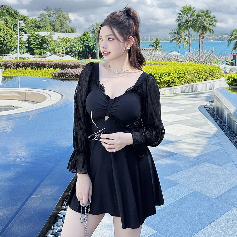 泡温泉大码显瘦遮肚连体高级长袖泳衣女