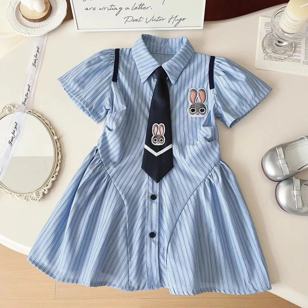 2025女童学院风连衣裙夏季洋气儿童卡通条纹衬衫裙园服
