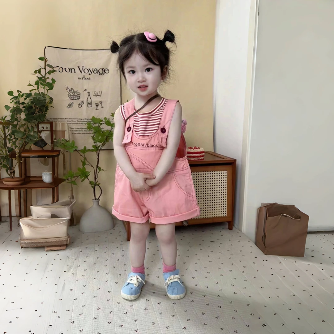 夏女童彩条背心粉色背带短裤套装中大童女宝可爱两件套L55216