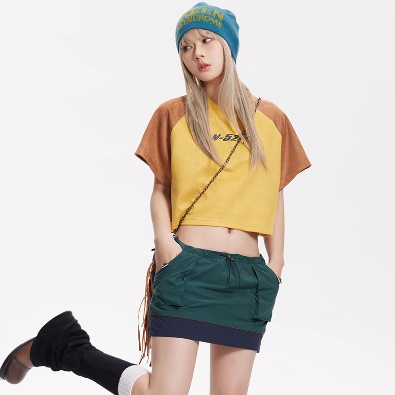 新記！夏季短款T恤辣妹风美式插肩袖短款紧身短袖T恤女潮牌半袖