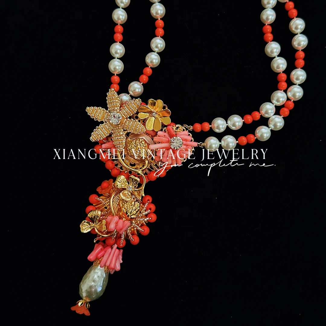 铜合金项链 5181435【粉色童话】中古风重工镶嵌编织款项链毛衣链