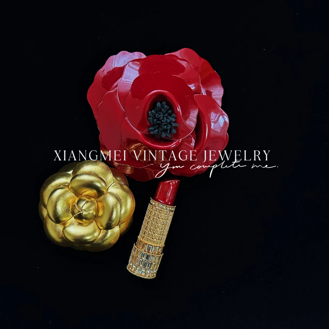 合金皮质胸针 518617【风有约花不误】中古手工山茶花两用胸针胸花