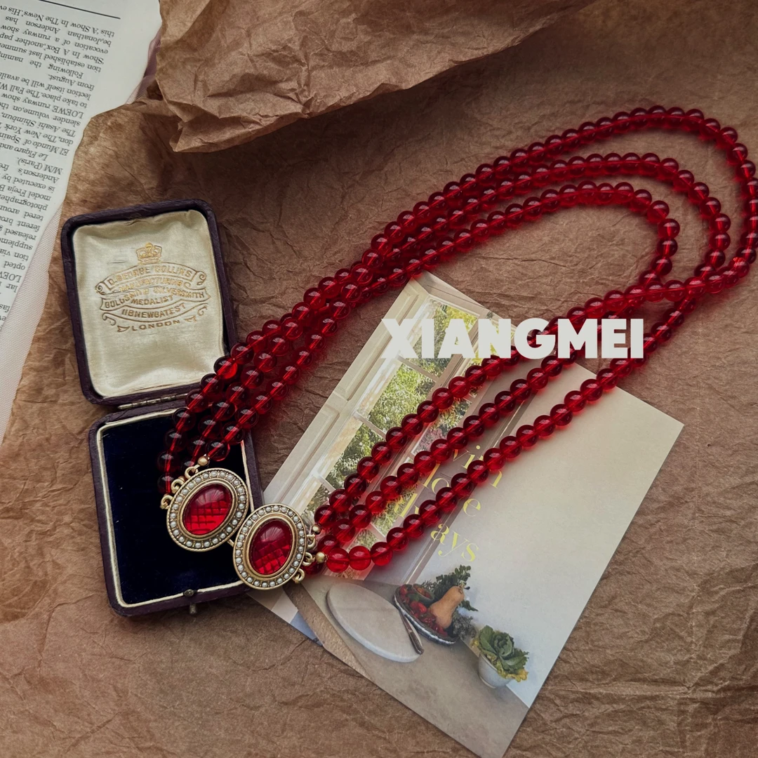 铜合金项链 518864【美丽记忆】中古风百搭复古红多层项链