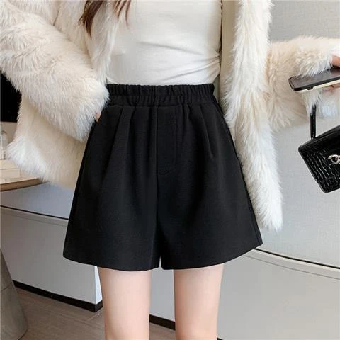 加厚毛呢短裤女春秋外穿小个子松紧高腰宽松阔腿a字休闲黑色靴裤