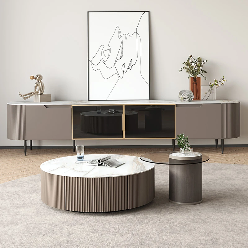 意式极简家用客厅圆形茶几电视柜组合轻奢岩板茶几地柜