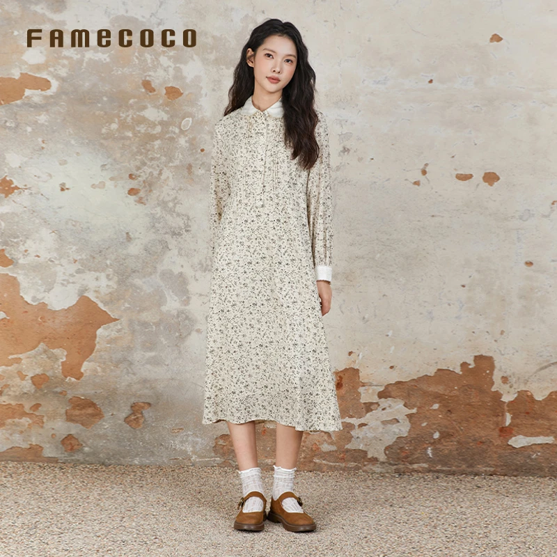 famecoco宽松连衣裙秋季娃娃领袖口撞色碎花裙女装长裙FAB6FA018