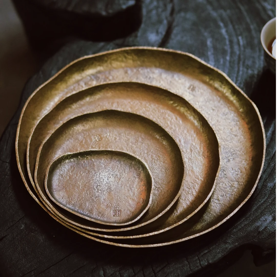 原创【听雨·涟漪】纯手工锻打黄铜加厚茶盘套装4件套