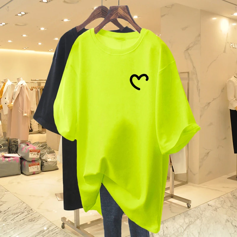 荧光绿短袖长款T恤女夏2025新款女装欧货大版纯棉宽松小个子上衣
