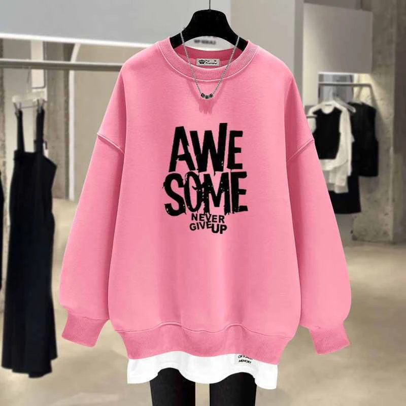 搭配鲨鱼裤粉色慵懒风假两件卫衣女2025新款春秋冬季加绒字母宽松