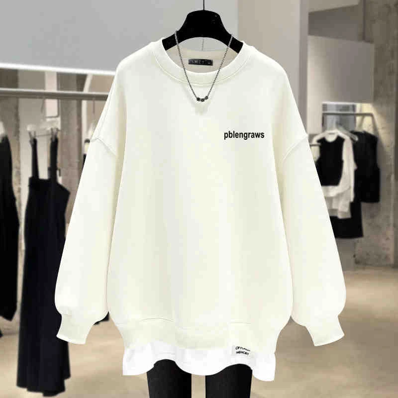 白色时尚字母慵懒风假两件卫衣女2025新款春秋冬加绒中长款遮屁股