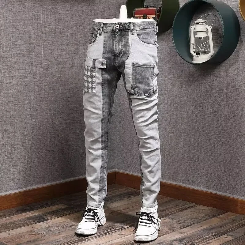 牛仔裤男春季新款修身小脚韩版潮流个性拼接拼色潮牌男士裤子长裤