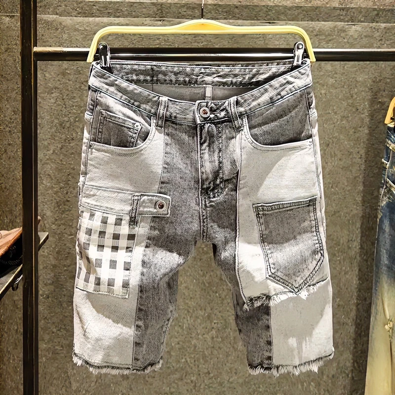 2024夏季新款拼接中裤子男士牛仔短裤男潮流破洞毛边五分马裤薄款