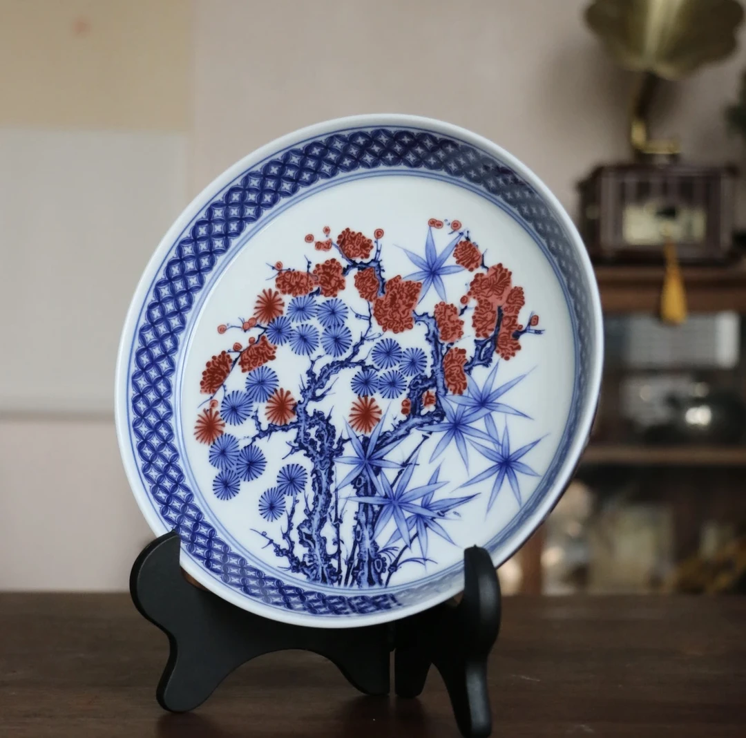 景德镇中式青花釉里红松竹梅茶具茶器中式家用高端壶承