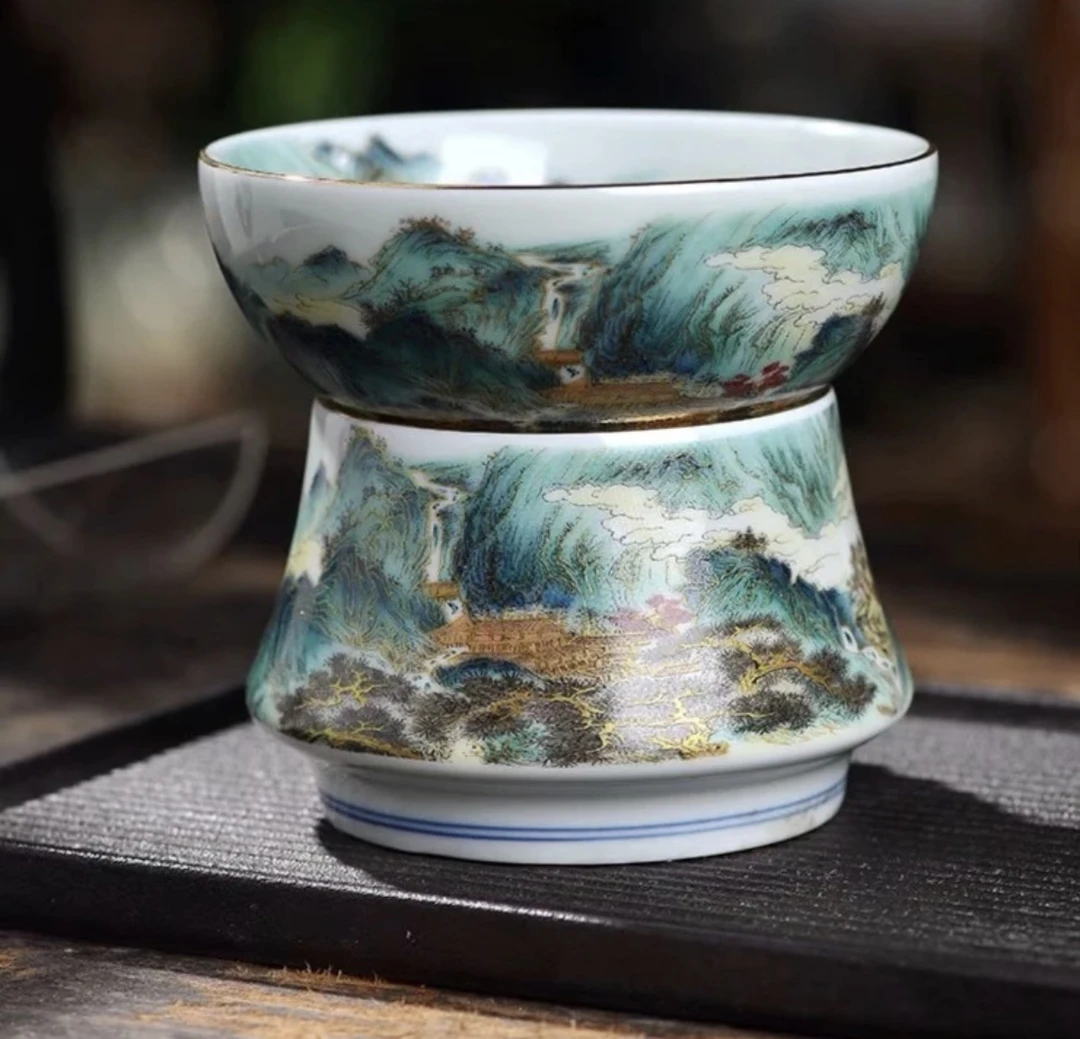 景德镇珐琅彩描金山水茶漏陶瓷茶滤家用茶隔全瓷一体茶叶过滤网