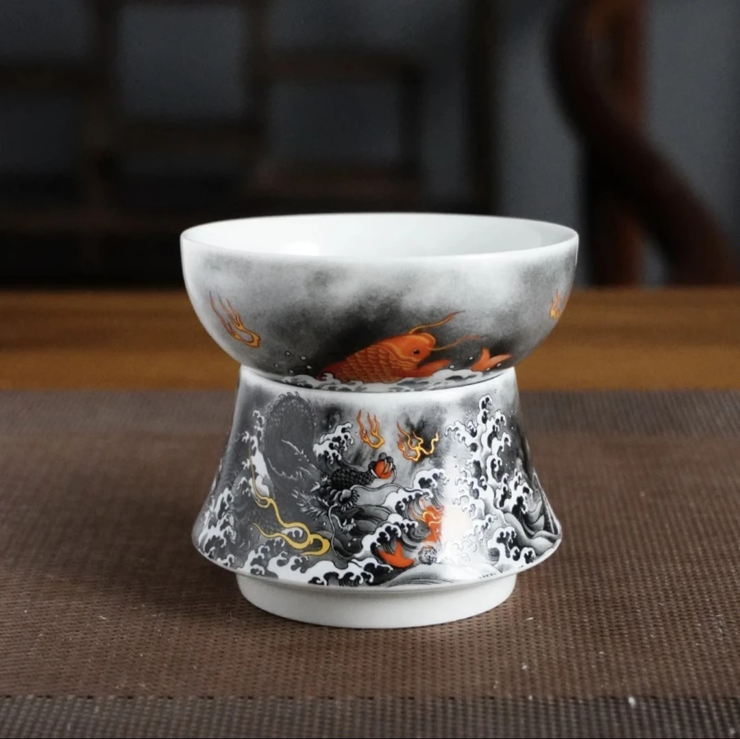 景德镇大师手工墨彩鱼化龙茶漏高档复古家用陶瓷大容量名窑